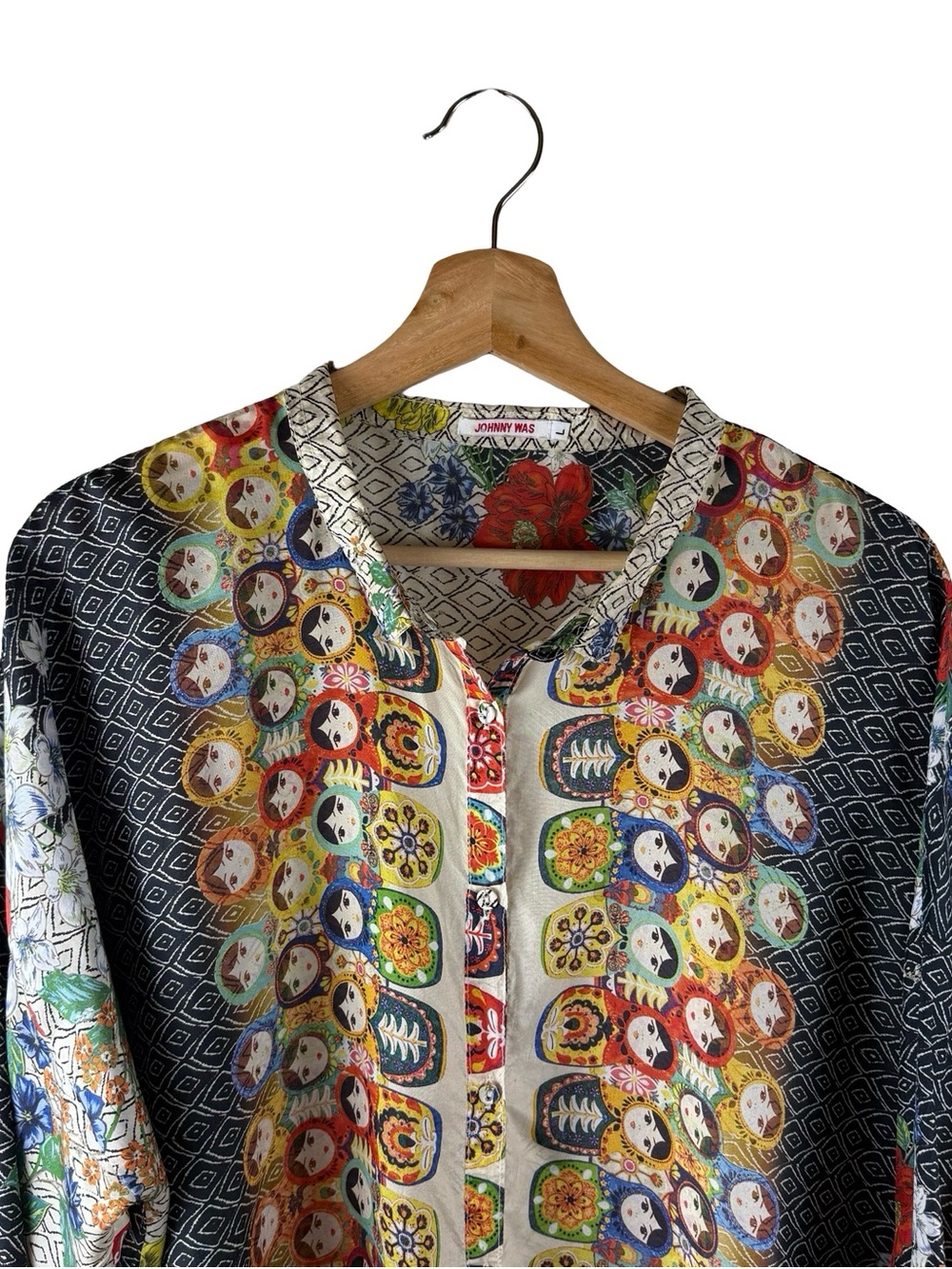 Johnny Was Babette Nesting Dolls 100% Silk Blouse Top Tunic L OVERSIZED - Picture 4 of 8